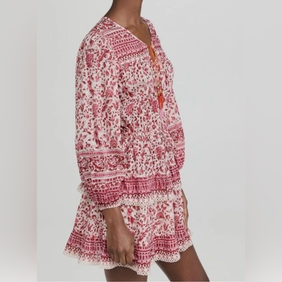 Alicia Bell Floral Beaded Tassel Tie VNeck Ruffle Ari Mini Dress Red Pink EUC - Picture 12 of 16